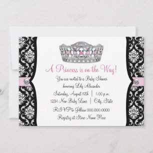 Pink Princess Pink Black Damask Baby shower Kaart