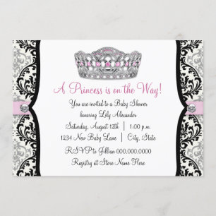 Pink Princess Pink Black Damask Baby shower Kaart