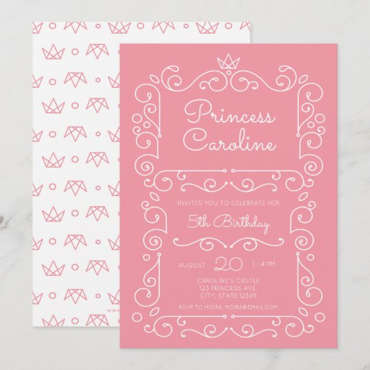 Pink Princess Scroll Invitation d'anniversaire (Devant / Derrière)