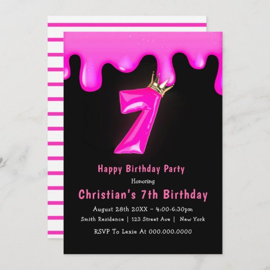 Pink Princess Slime 7th Birthday Invitations (Voorkant / Achterkant)