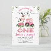 Pink Pset Koe Moos First Birthday Kaart (Staand voorkant)