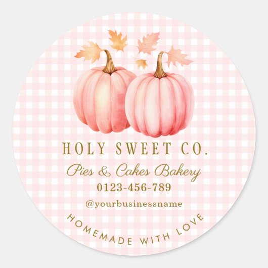 Pink Pumpkin Gingham Bakery Ronde Sticker (Voorkant)