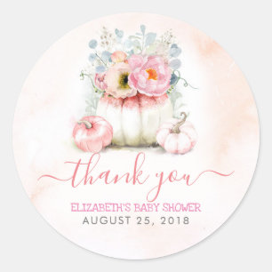 Pink Pumpkins Floral Herfst Baby shower Dank u wel Ronde Sticker