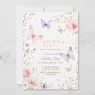 Pink Purple Butterfly Garden Party Birthday Kaart
