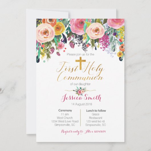 Pink Purple First Holy Communion Invitations (Devant)