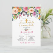 Pink Purple First Holy Communion Invitations (Debout devant)