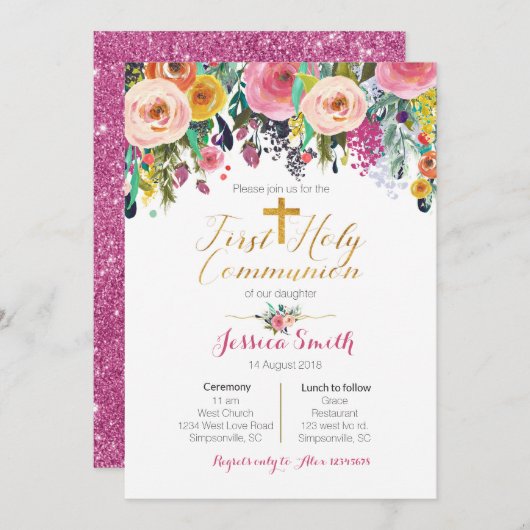 Pink Purple First Holy Communion Invitations (Devant / Derrière)