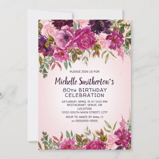 Pink Purple Floral 80e anniversaire Invitation (Devant)