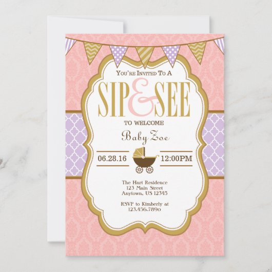 Pink Purple Lavender Gold Sip Et Voir Invitation (Devant)