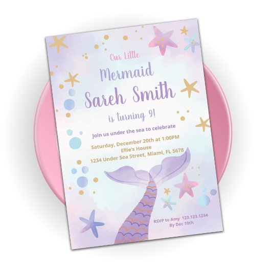 Pink Purple Mermaid Queue Anniversaire Invitations