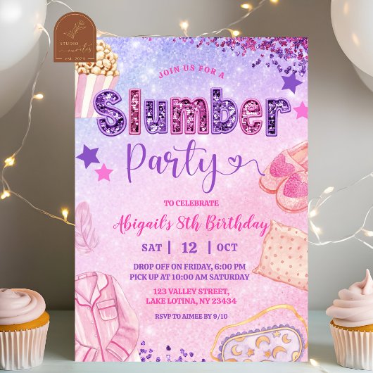 Pink Purple Sequin Slumber Party Birthday Kaart