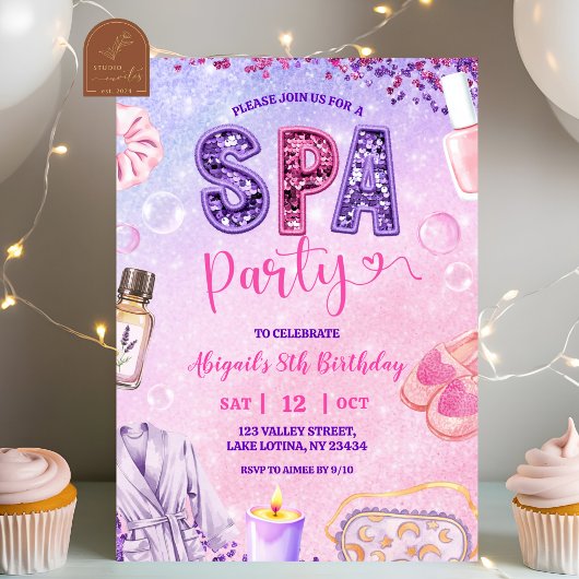 Pink Purple sequin SPA Party Birthday Kaart