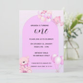 Pink Purple Teddy Bear 1st Birthday Invitation (Debout devant)