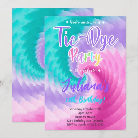 Pink Purple Turquoise Tiedye Invitation Anniversai (Devant / Derrière)