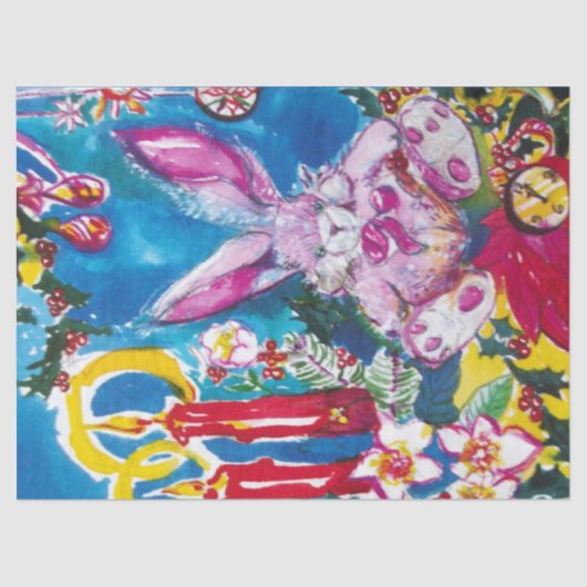 PINK RABBIT, CHRISTMAS CANDLES EN HOLLYBERRIES TISSUEPAPIER (Voorkant)