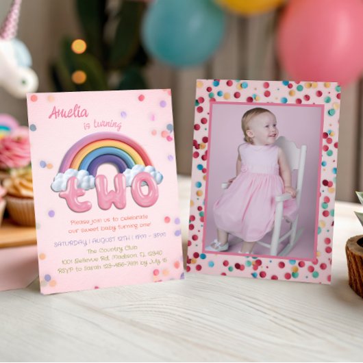 Pink Rainbow 2nd Birthday Invitation with Photo