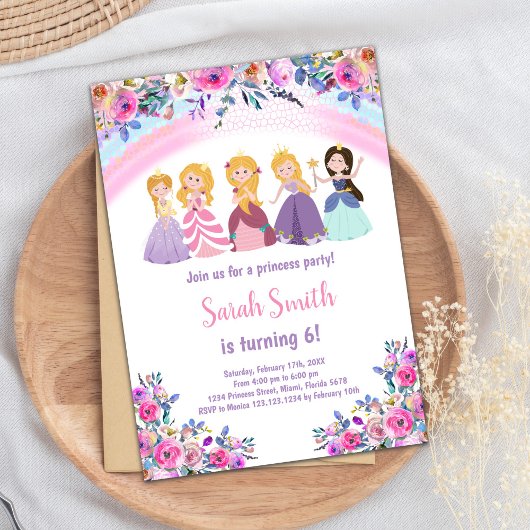 Pink Rainbow Floral Princess Invitations d'anniver