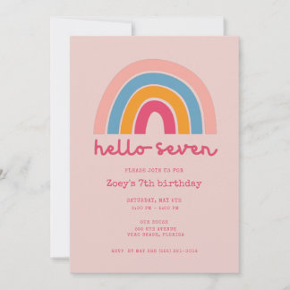 Pink Rainbow Hello Seven Girl 7th Birthday Party Kaart