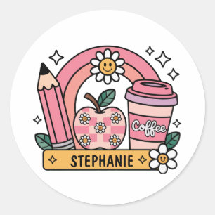 Pink Rainbow Teacher Essentials – gepersonaliseerd Ronde Sticker