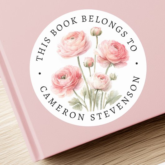Pink ranunculus flower library book label