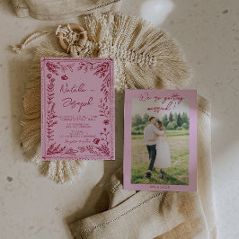 Pink Raspberry Drawn Floral Garden Photo Wedding   Kaart