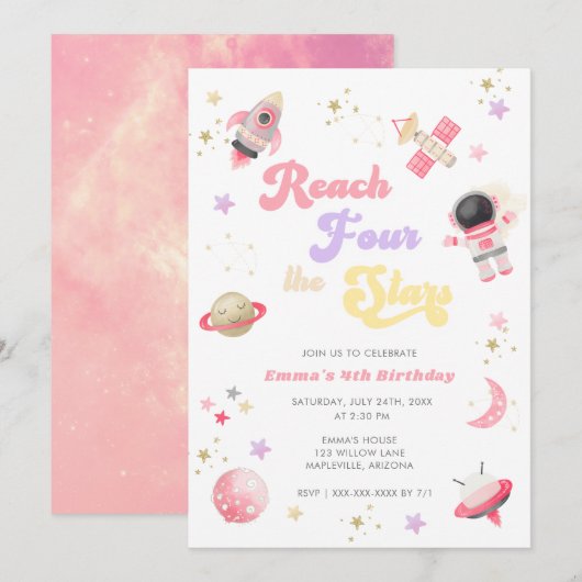 Pink Reach Four the Stars 4th Birthday Invitation (Devant / Derrière)