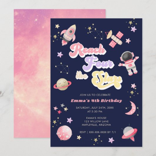 Pink Reach Four the Stars 4th Birthday Invitation (Devant / Derrière)