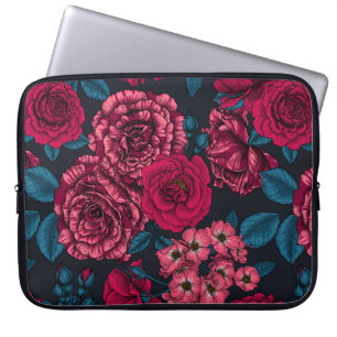 Pink, red and bi-color roses with blue leaves on b laptop sleeve