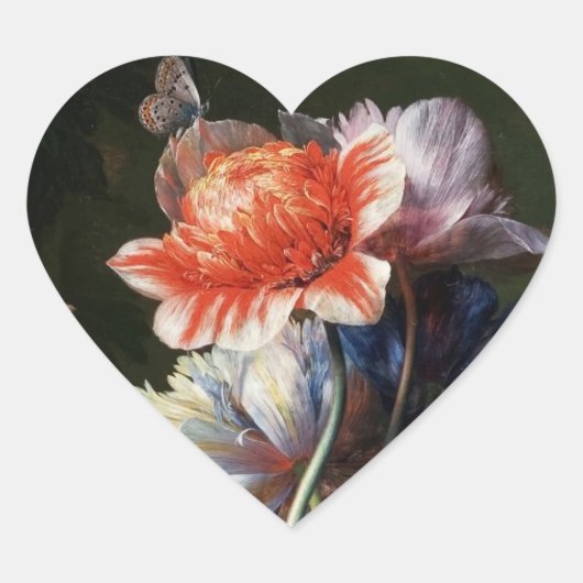 PINK RED ANEMONES WHITE FLOWERS, BUTTERFLY MONOGRA HART STICKER (Voorkant)