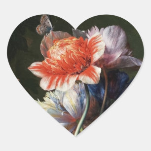 PINK RED ANEMONES WHITE FLOWERS, BUTTERFLY MONOGRA HART STICKER
