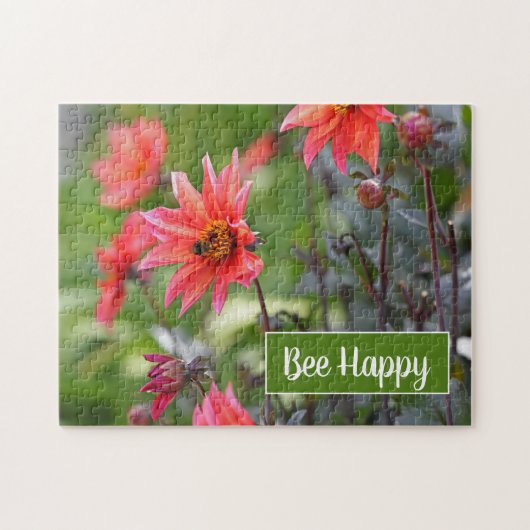 Pink & Red Dahlia Garden Flowers Bee Happy Puzzle (Horizontal)