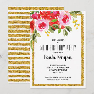 Pink Red Floral 50th Birthday Glitter Invitations