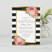 Pink Red Floral Black White Stripes Gold Wedding Kaart (Staand voorkant)