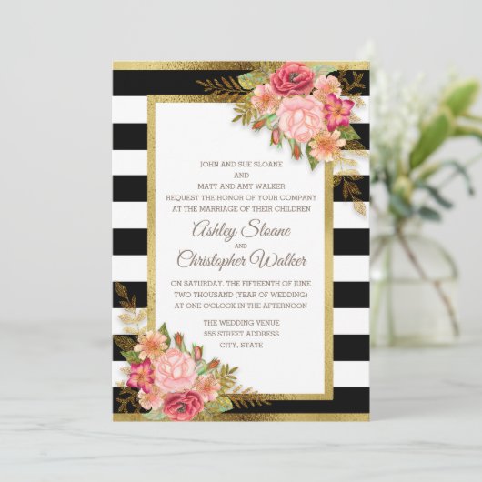 Pink Red Floral Black White Stripes Gold Wedding Kaart (Staand voorkant)