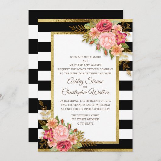 Pink Red Floral Black White Stripes Gold Wedding Kaart (Voorkant / Achterkant)