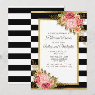 Pink Red Floral Black White Stripes Gold Wedding Kaart