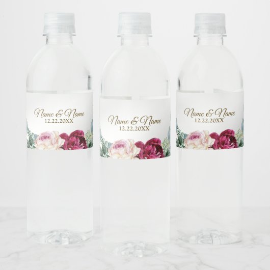 Pink Red Floral Greenery Gold Silver Waterfles Etiket (Flessen)