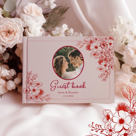 Pink Red Floral Photo Wedding Gastenboek