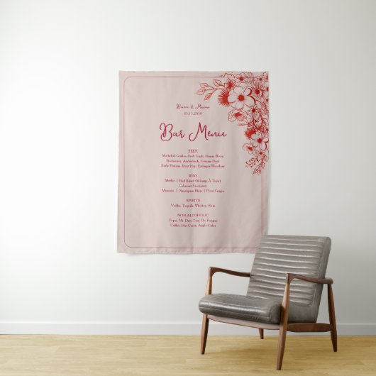 Pink Red Floral Wedding Bar Menu Wandkleed (In situ)