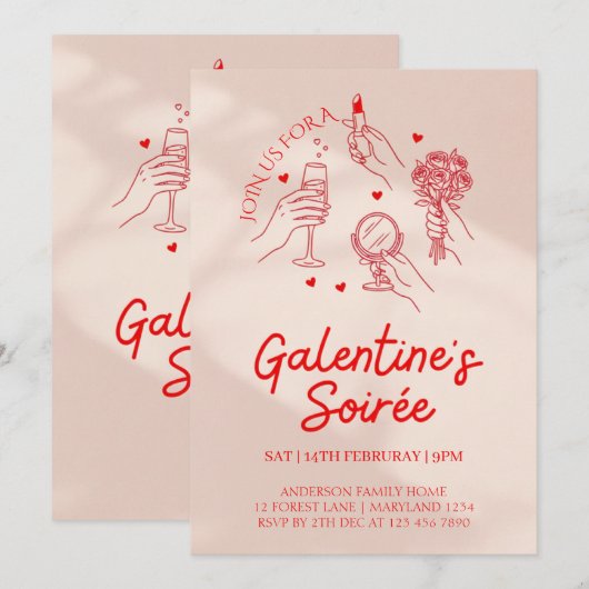 Pink & Red Galentine’s Day Party Invitation Templa (Devant / Derrière)
