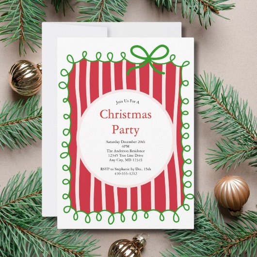 Pink Red Green Coquette Bow Doodle Christmas Party Kaart