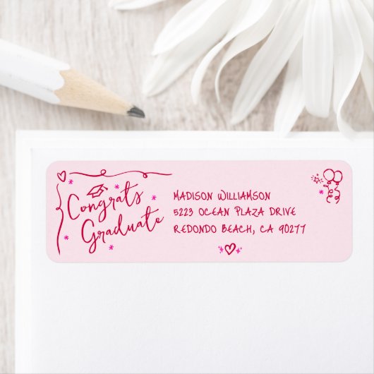 Pink Red Hand Drawn Doodle Graduation Fun Address Etiket (Insitu)