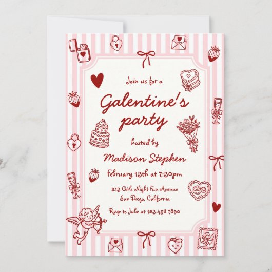  Pink Red Hand Drawn Galentine's Party Kaart (Voorkant)
