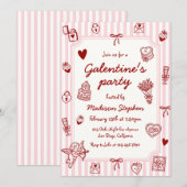  Pink Red Hand Drawn Galentine's Party Kaart (Voorkant / Achterkant)
