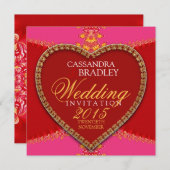 Pink Red Heart Gold Dentelle de mariage Invitation (Devant / Derrière)