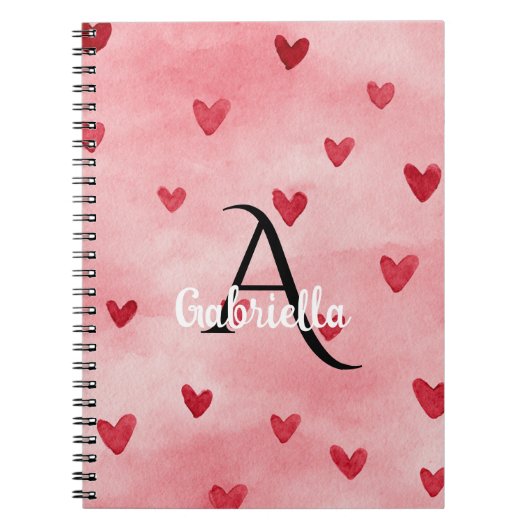 Pink Red Hearts Monogram Name Notitieboek (Voorkant)