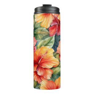 PINK RED ORANJE WATERVERF TROPICAL HIBISCUS THERMOSBEKER