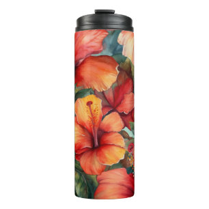 PINK RED ORANJE WATERVERF TROPICAL HIBISCUS THERMOSBEKER