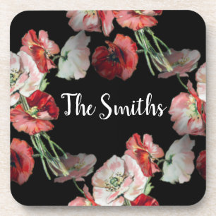 Pink & Red Poppies Pattern Custom Bier Onderzetter