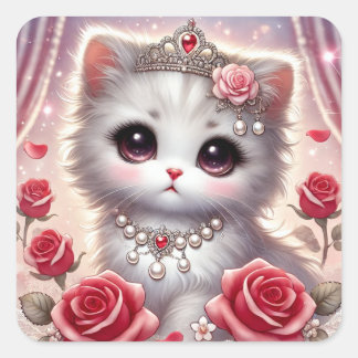 Pink Red Rose Princess Cat Vierkante Sticker
